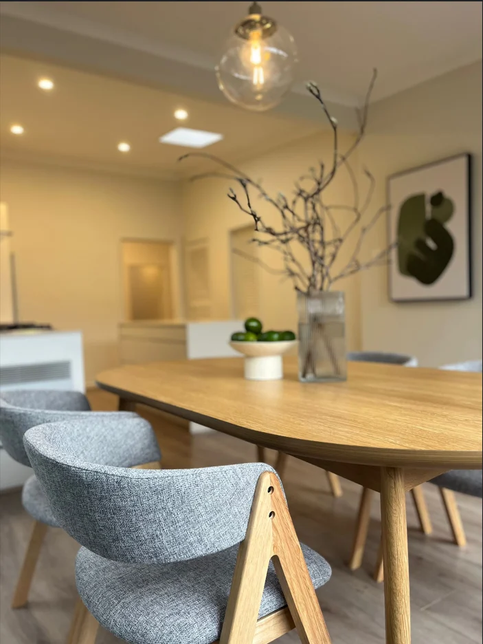 Nicole –  Dining Chair – Natural Wooden Legs and Grey Fabric