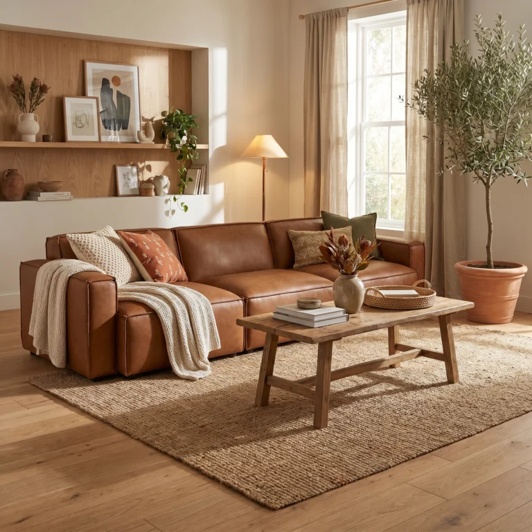 Kito 3 seater tan leather sofa with a timber coffee table