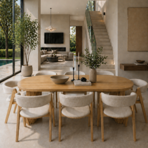 Hobart | 9 PCE Dining Set | Natural | Beige Fabric