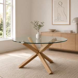 Ryan - Dining Table With Natural Wooden Legs And Glass Top