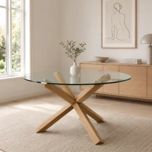 Ryan - Dining Table With Natural Wooden Legs And Glass Top