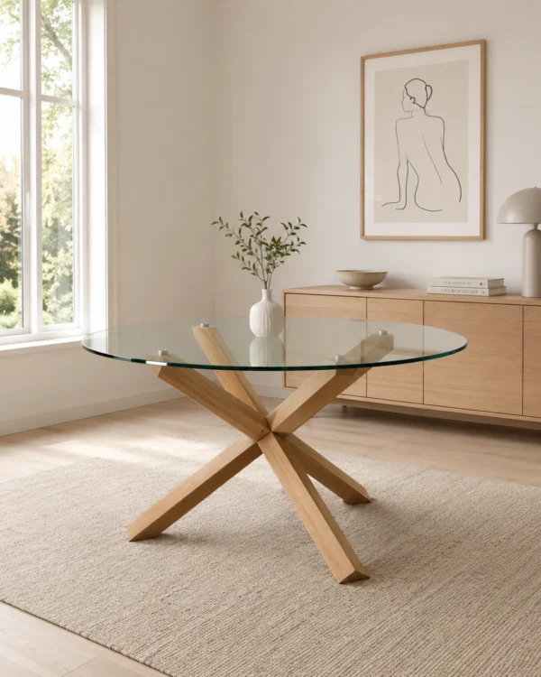 Ryan –  Dining Table With Natural Wooden Legs And Glass Top