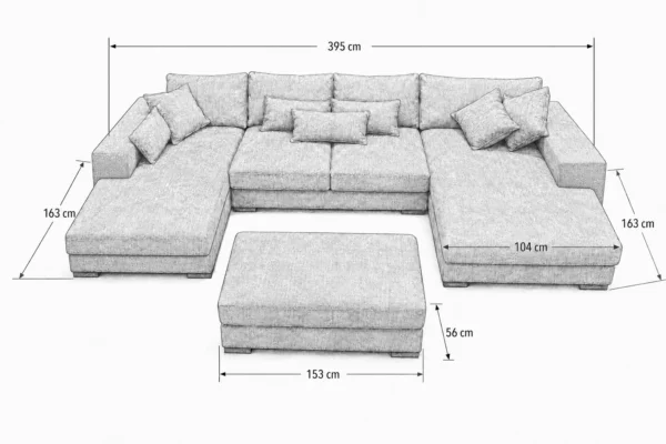 Kaylie Double Chaise Grey Fabric Sofa with Ottoman | Modern Chaise Lounge Suite Melbourne