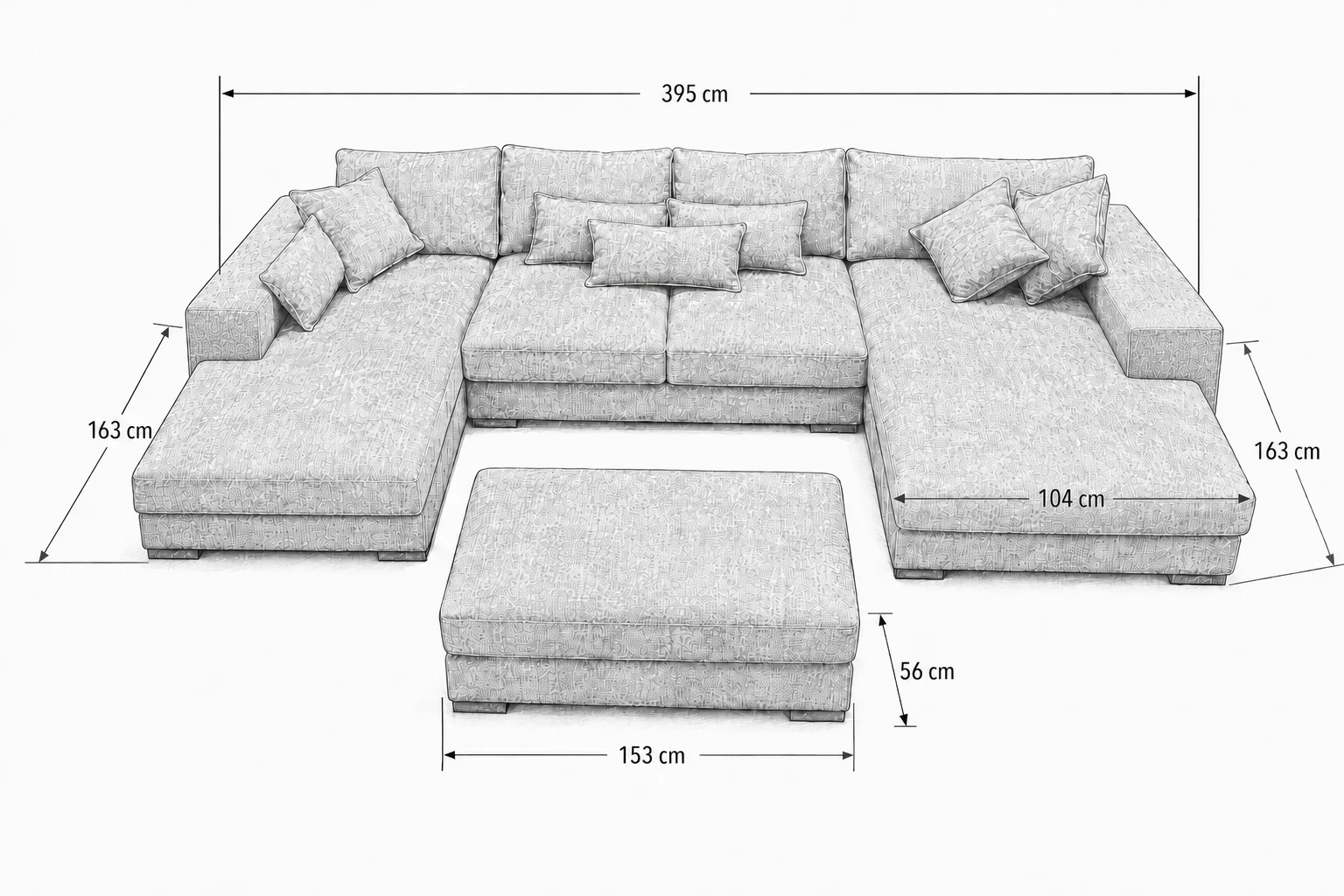 Kaylie Double Chaise Grey Fabric Sofa with Ottoman | Modern Chaise Lounge Suite Melbourne