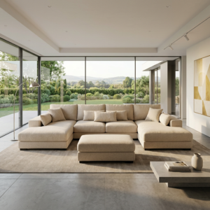 Kaylie - Double Chaise Fabric Sofa with Ottomon | Beige