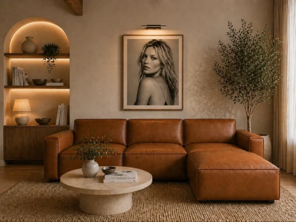 Kito Tan Leather Sofa RHF With Ottoman | Modern Leather Sofas Melbourne