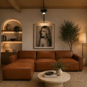 Kito Tan Leather Sofa LHF With Ottoman | Modern Leather Sofas Melbourne