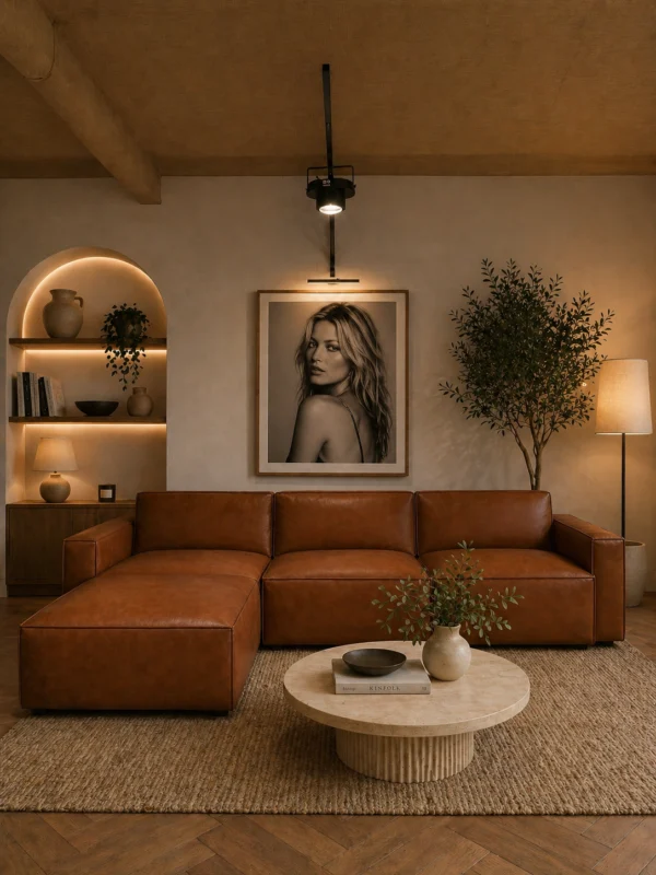 Kito Tan Leather Sofa LHF With Ottoman | Modern Leather Sofas Melbourne