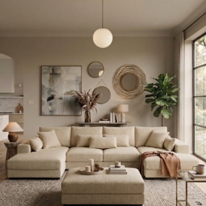 Kaylie - Double Chaise Fabric Sofa with Ottomon | Beige