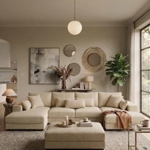 Kaylie Double Chaise Fabric Sofa with Ottoman | Beige Family Lounge Suite Melbourne