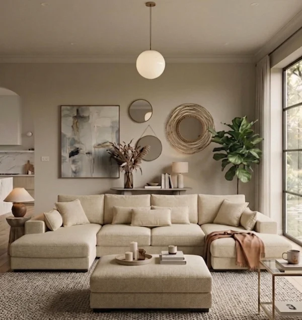 Kaylie Double Chaise Fabric Sofa with Ottoman | Beige Family Lounge Suite Melbourne