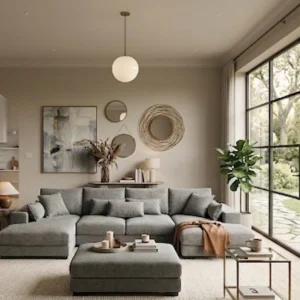 Kaylie Double Chaise Grey Fabric Sofa with Ottoman | Modern Chaise Lounge Suite Melbourne
