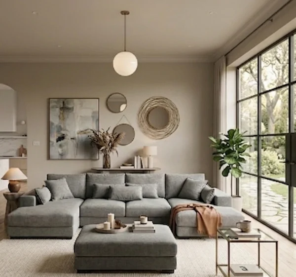 Kaylie Double Chaise Grey Fabric Sofa with Ottoman | Modern Chaise Lounge Suite Melbourne