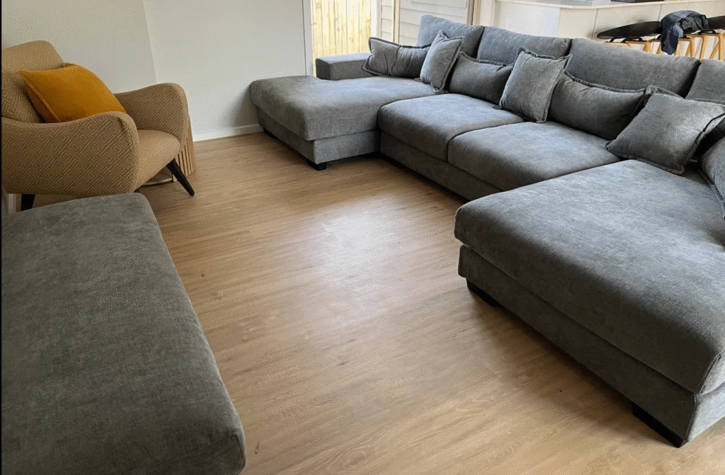 Kaylie Double Chaise Grey Fabric Sofa with Ottoman | Modern Chaise Lounge Suite Melbourne