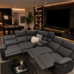 Crystal Recliner Modular Sofa | Black Fabric Lounge Suite with 4 Recliners Melbourne