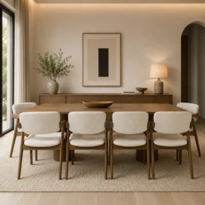 London, 11 PCE Dining Set, Walnut, Beige Fabric