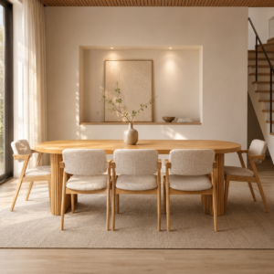 Melbourne | 9 PCE Dining Set | Natural | Beige Fabric