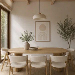Hobart, 9 PCE Dining Set, Natural, Beige Fabric
