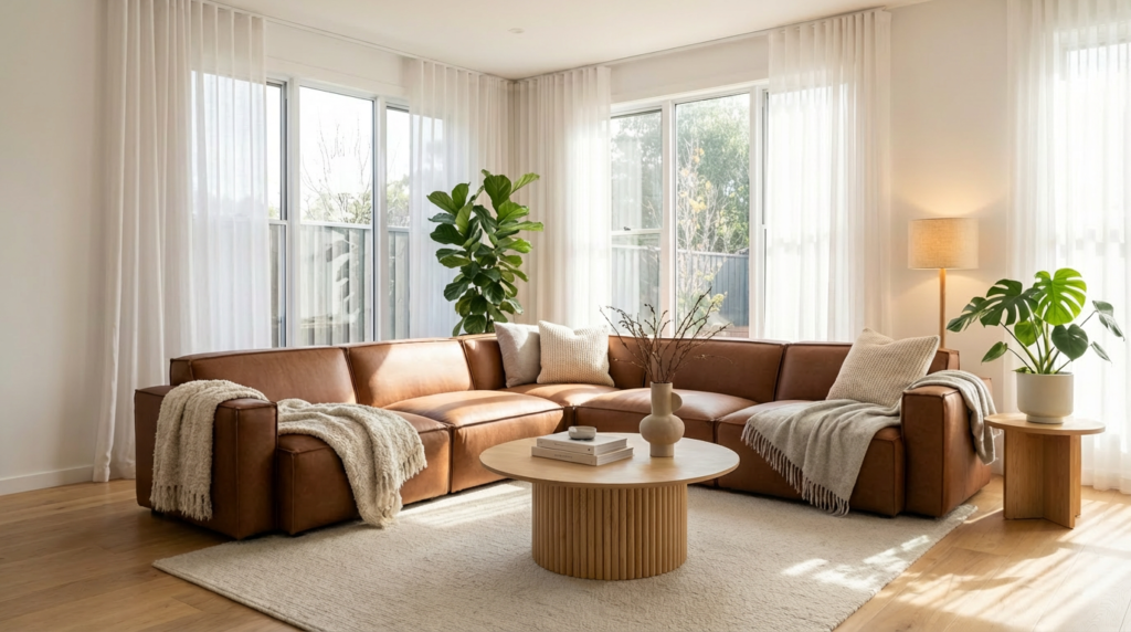 Kito tan leather modular corner sofa with a round timber coffee table