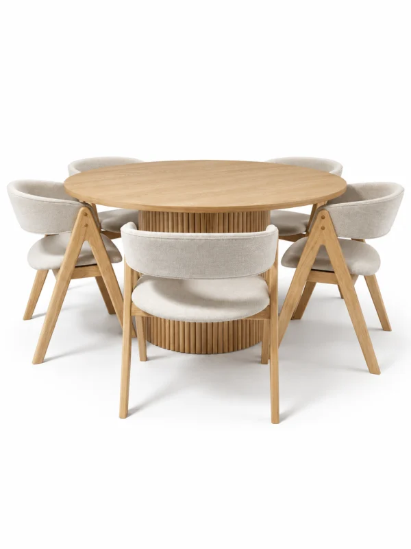 Barcelona - 7 PCE, Dining Set, Natural Round Dining Table with 6 dining chairs – view 2