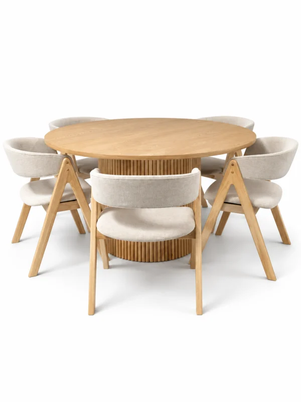 Barcelona - 7 PCE, Dining Set, Natural Round Dining Table with 6 dining chairs – view 4