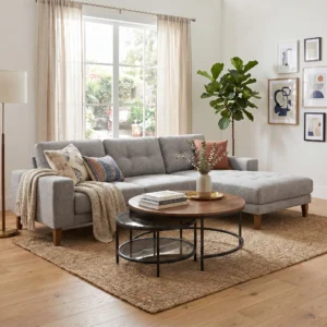 Charlotte Grey Fabric Chaise Sofa | 3 Seater Lounge Suite Melbourne