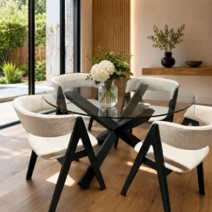 Paris - 5 PCE, Dining Set, Black Glass Dining Table with 04 Dining chairs