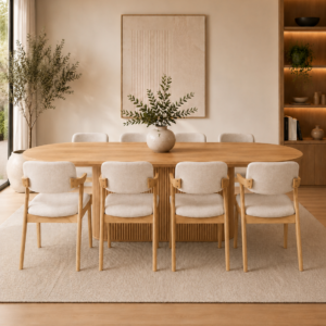Geneva 9 Piece Dining Set | Natural Dining Table & 8 Beige Fabric chairs