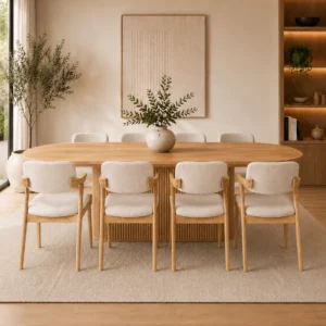 Geneva 9 Piece Dining Set, Natural Dining Table & 8 Beige Fabric chairs