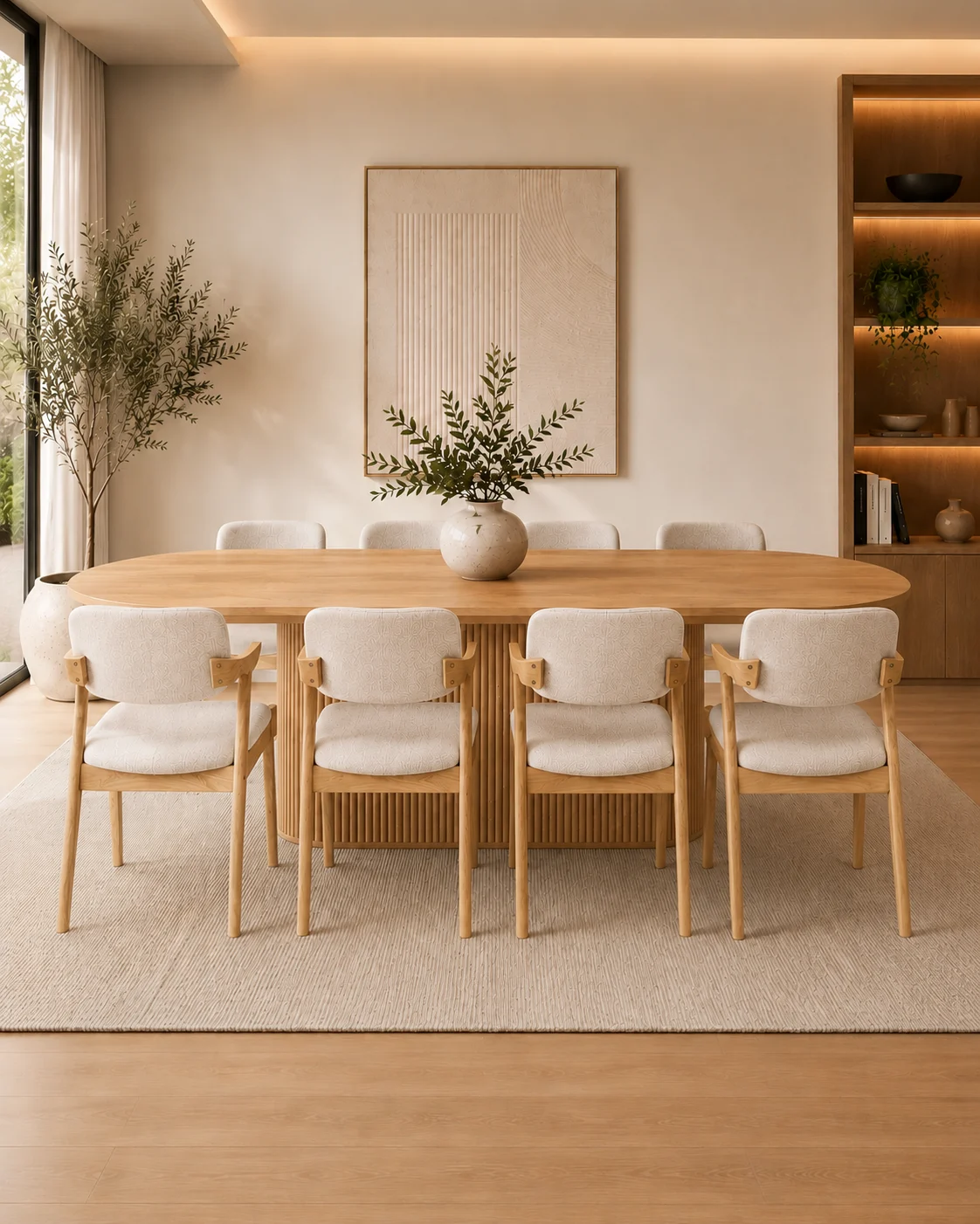 Geneva 9 Piece Dining Set, Natural Dining Table & 8 Beige Fabric chairs