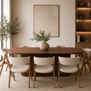 Bern 7 Piece Dining Set | Walnut Dining Table & 6 Beige Fabric chairs