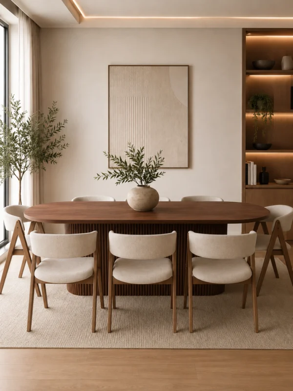 Bern 7 Piece Dining Set, Walnut Dining Table & 6 Beige Fabric chairs