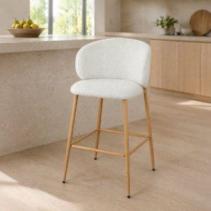 Balmer Upholstered Bar Stool | Ivory Textured Fabric | Natural Timber-Look Frame