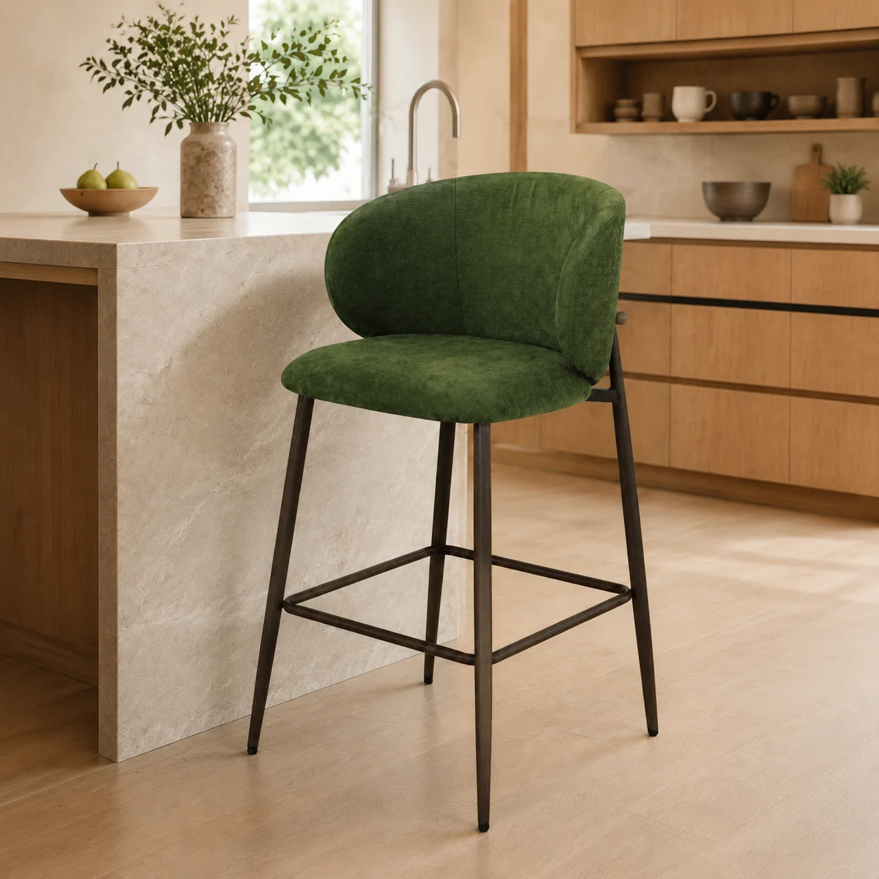 Balmer Upholstered Bar Stool | Olive Green Fabric | Dark Frame