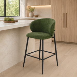 Balmer Upholstered Bar Stool | Olive Green Fabric | Black Frame