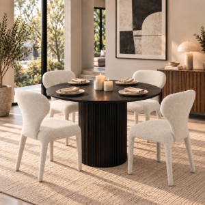 Ottawa 5 Piece Round Dining Set | Black Table & White Fabric Chairs