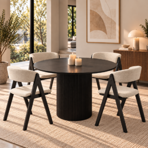 Edmonton 5 Piece Round Dining Set | Black Table & Beige Fabric Chairs