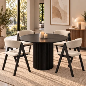 Edmonton 5 Piece Round Dining Set | Black Table & Beige Fabric Chairs