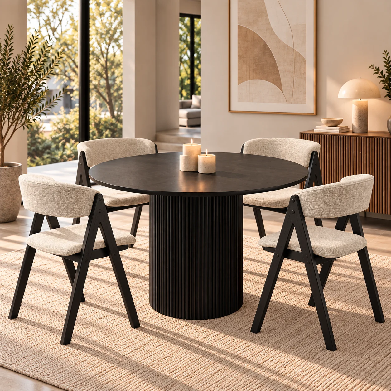 Edmonton 5 Piece Round Dining Set | Black Table & Beige Fabric Chairs