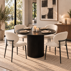 Vancouver 5 Piece Round Dining Set | Black Table & Beige Fabric Chairs