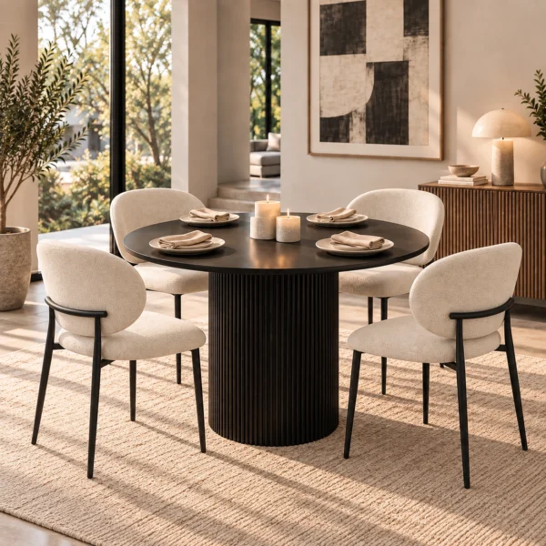 Vancouver 5 Piece Round Dining Set | Black Table & Beige Fabric Chairs