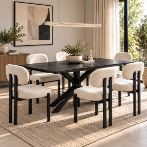 Bologna 7 Piece Dining Set | 160cm Dining Table & 6 Beige Fabric Chairs