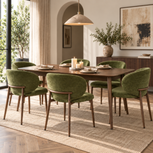 Calabria 7 Piece Dining Set | Extendable Walnut Table & Olive Green Chairs