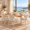 Sicily 7 Piece Extendable Dining Set | Natural Table & White Fabric Chairs