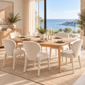 Sicily 7 Piece Extendable Dining Set | Natural Table & White Fabric Chairs