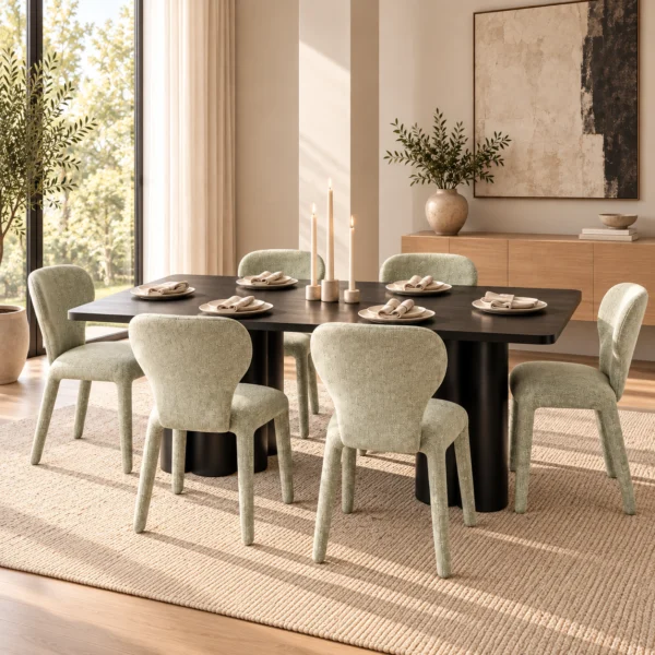 Tuscany 7 Piece Dining Set | 220cm Black Dining Table & Sage Green Chairs