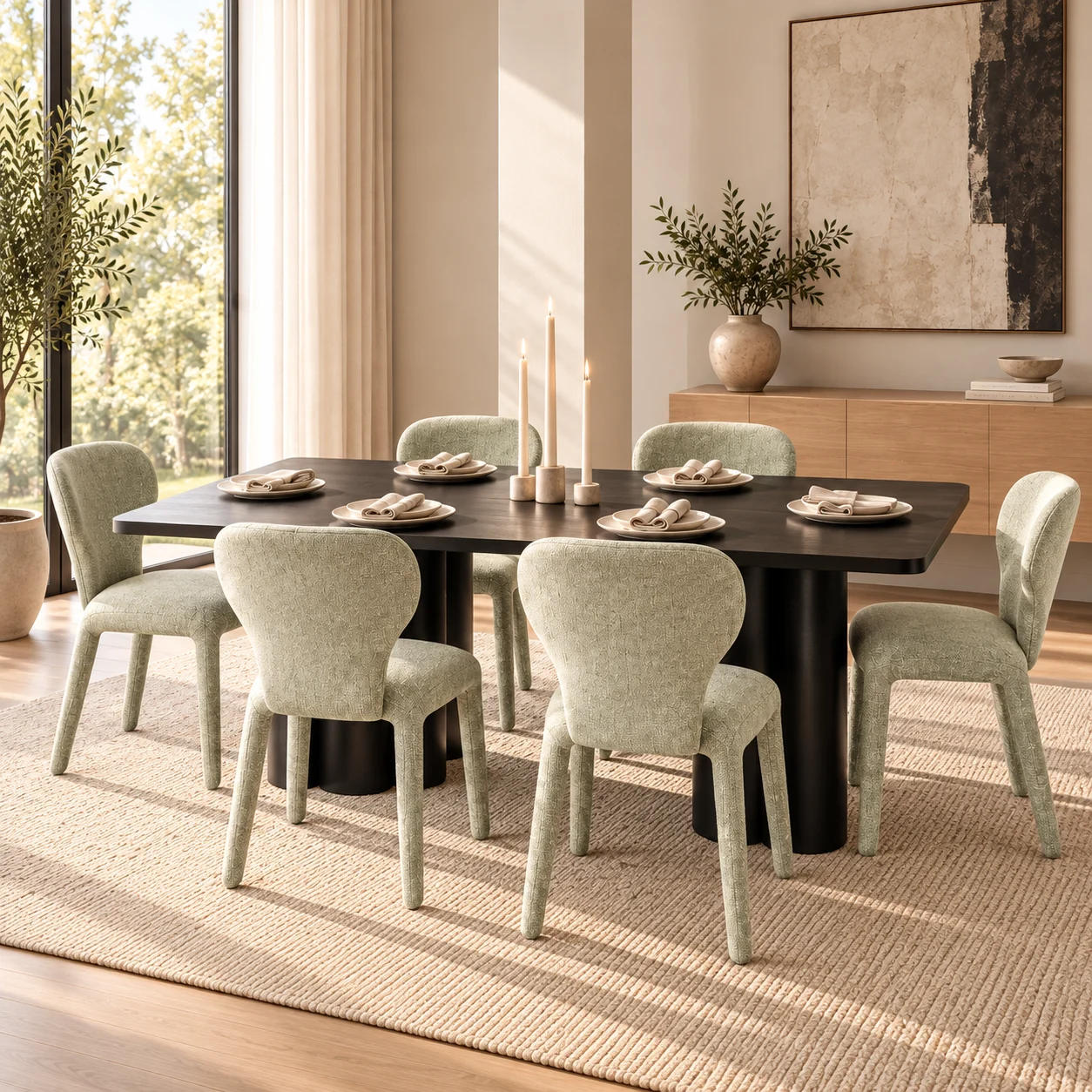 Tuscany 7 Piece Dining Set | 220cm Black Dining Table & Sage Green Chairs