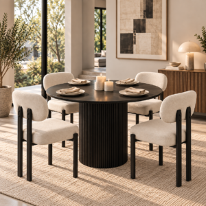 Townhouse 5 Piece Round Dining Set | 120cm Black Table & Beige Chairs