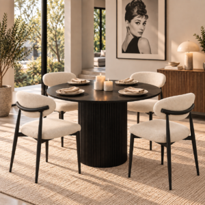 Montreal 5 Piece Round Dining Set | Black Table & Beige Fabric Chairs