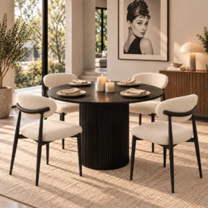 Montreal 5 Piece Round Dining Set | Black Table & Beige Fabric Chairs